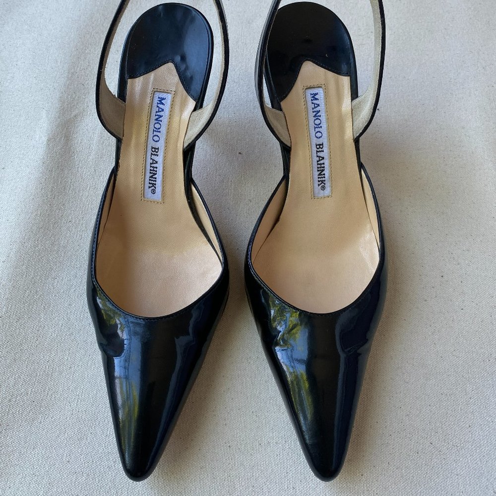 Manolo Blahnik Gently Used Black Patent Leather Pointed Toe Slingback, Size 37.